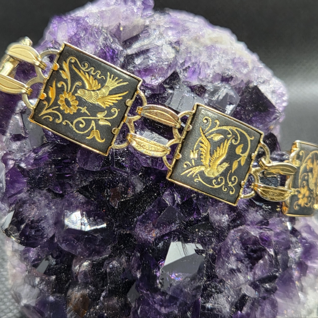 Damascene Bird And Floral Bracelet Vintage Ia